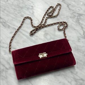 CHANEL Burgundy Quilted Velvet Chain Crossbody Boy Wallet